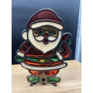 Vintage Stained Glass Santa Clause Candle Holder Cast Iron Tea Light Taiwan